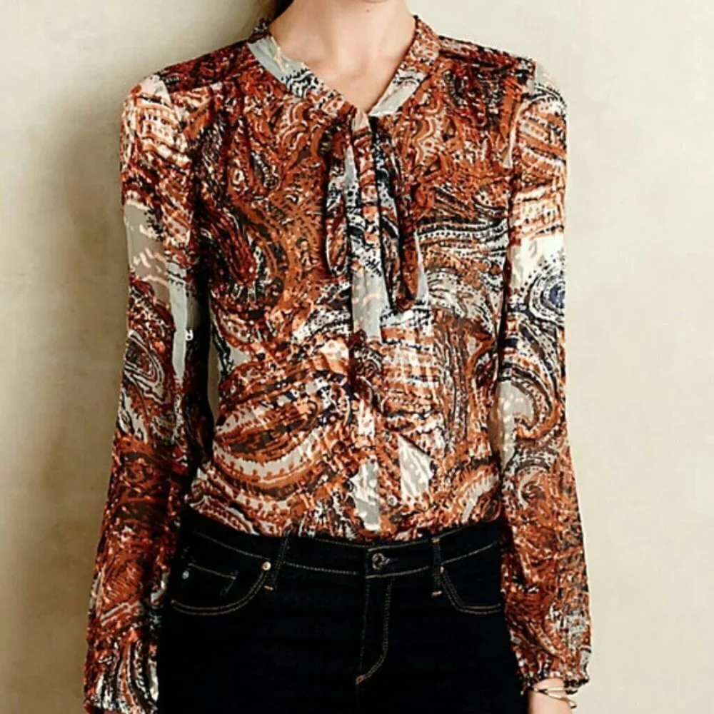 ANTHROPOLOGIE-MEADOW Rue Briarcliff Tie Neck Blouse - Picture 2 of 16